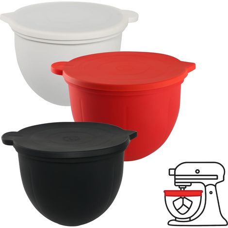 Doublures en silicone pour batteur de 7 litres – Revêtement pour mélangeur d'aide de cuisine, plus besoin de bols mélangeurs – 3 doublures et 3 couvercles, rouge, blanc et noir (1/5)
