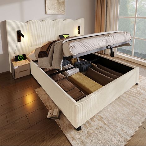 Lit double 180x200 cm en tissu côtelé beige-blanc avec tête de lit ondulée, lampe de lecture et USB-C, coffre (1/5)