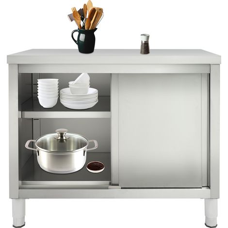Table de travail 100 x 50 cm avec portes coulissantes, table de préparation robuste en acier inoxydable pour restaurant, garage ou entrepôt, établi de cuisine avec meuble de rangement (1/5)
