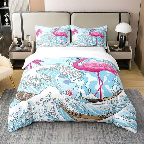 Housse de couette 220x240 cm 100% coton bio avec motif flamants roses et vagues