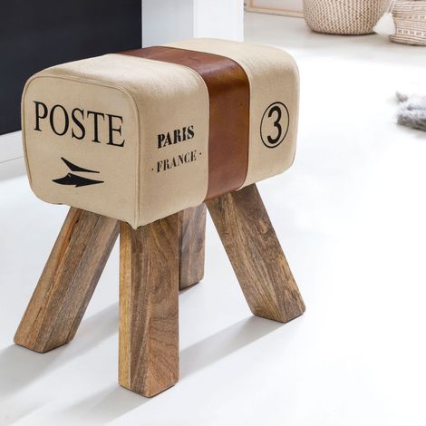 Tabouret vintage 40x30x47 cm en coton et cuir (1/5)