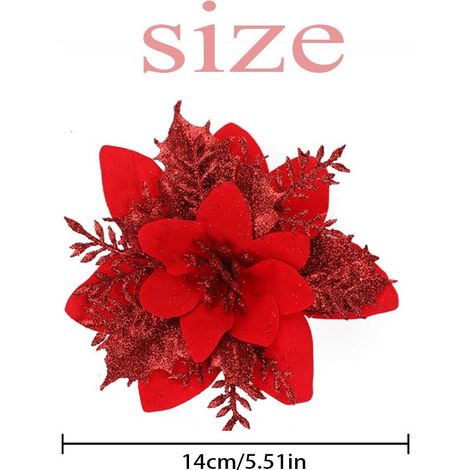Weihnachtsblumen, 12 glitzernde Weihnachtsblumen, Glouce Glitzer- Weihnachtsblume, Weihnachtsbaum-Weihnachtsstern, künstliche Blumen, Dekoration, Weihnachtsdeko (Rot-B)