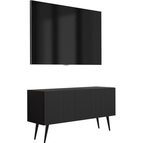 Meuble TV avec façade rainurée, noir mat, pieds inclinés noirs, 100 × 32 × 52 cm (1/5)