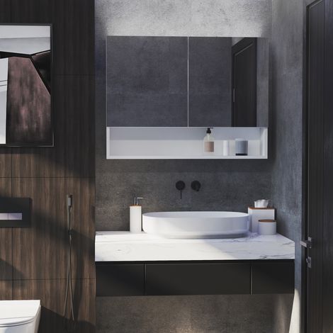 Miroir de salle de bain de rangement avec lumières LED - en étagère ouverte et étagère interne réglable - meuble miroir mural - 80x15x60cm