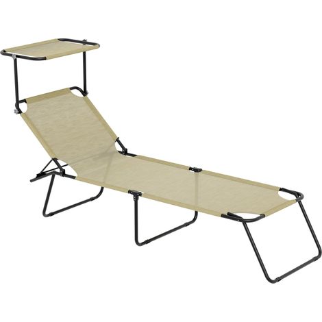 Lettino Pieghevole Con Tettuccio Regolabile Prendisole Parasole Schienale Reclinabile Regolabile Struttura In Metallo Nero Sedia Sdraio Per Spiaggia Mare Giardino Piscina 187 x 53 x 24 Cm (Beige) - Co