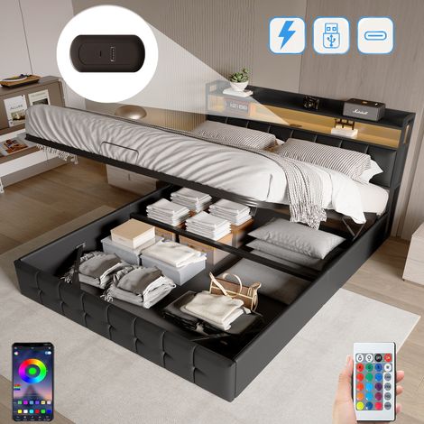 Bett mit Stauraum 160x200cm, mit LED-Beleuchtung, hydraulischem Stauraum, USB-A/C-Ladeanschluss, Lattenrost aus Holz, gepolstertem Bett aus Kunstleder - Schwarz