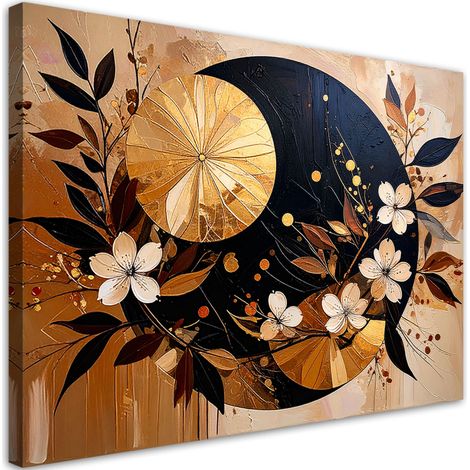 Quadro su tela, Astrattismo Cerchi Foglie Fiori Oro Marrone - 60x40 (1/3)