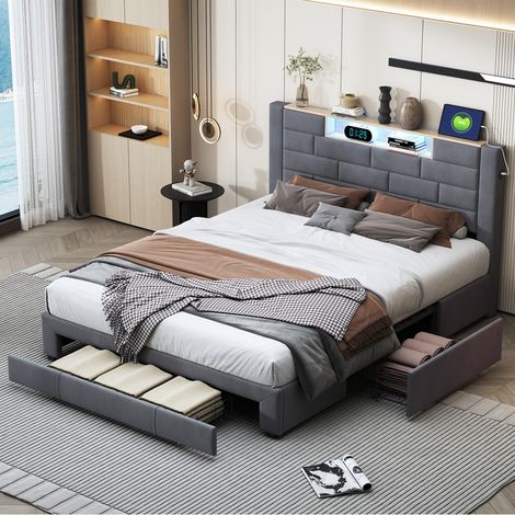 Sureh – Lit adulte 160x200 avec 3 tiroirs – Tête de lit haute en velours gris – Sommier à lattes avec ports USB et LED (1/5)