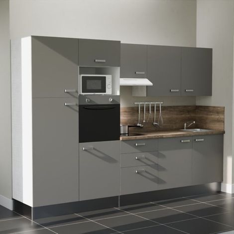 Kochnischen K46L-PT - 300 cm mit Arbeitsplatte und spüle - Graue Front - Laminatplatte aus Holz - Edelstahl-Spüle - Kredenzen ja (1/4)