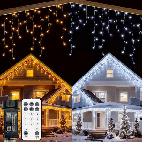 Guirlande lumineuse effet pluie glacée - 500 LED - 15 m - Blanc chaud et blanc - Avec prise minuteur - Télécommande - Étanche - Rideau lumineux pour l'extérieur, Noël, Halloween, bord de toit (1/5)