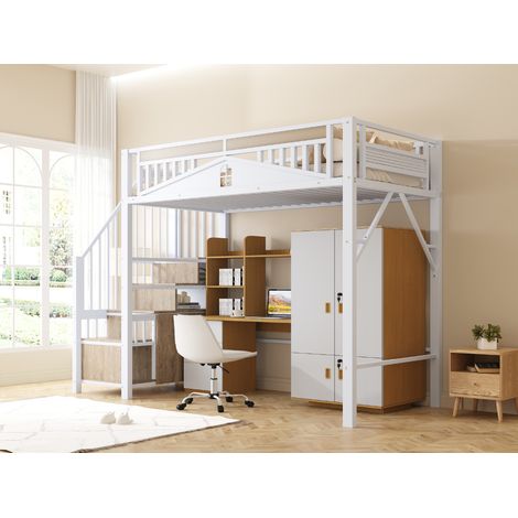 Lit mezzanine métallique 90x200 cm, coffre de sécurité unique avec fenêtre, échelle sécurisée à vis, blanc, ancienne référence LDT00275AAK (1/5)