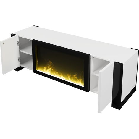 Meuble TV bas avec cheminée électrique à effet de flamme, sans fonction de chauffage, finition brillante, meuble TV assorti (1/5)