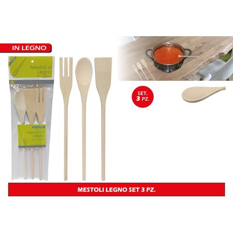 Set 3 Pezzi Mestolame Cucchiaia in Legno Miste 30 cm