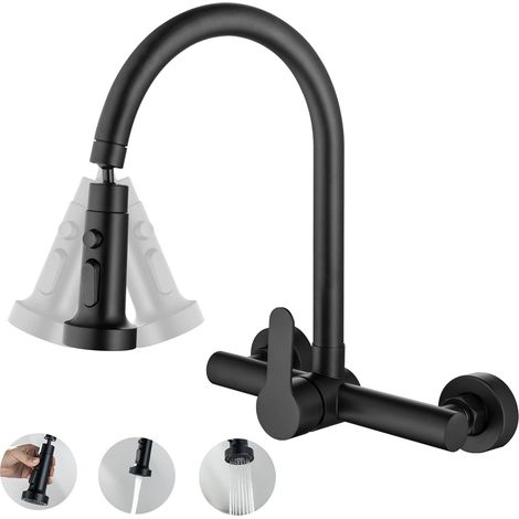 Robinet Cuisine Mural Noir, Rubinetto cucina a muro avec Bec Pivotant à 360 avec 2 Modes,Acier inoxydable 304 (1/5)