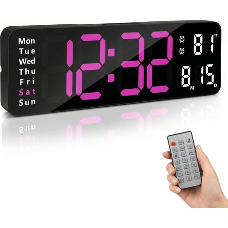 Grande orologio da parete a LED da 33 cm con telecomando - design moderno, luminosità regolabile - visualizza ora, data e temperatura - adatto per soggiorno, cucina, ufficio e palestra - rosa