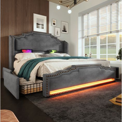 Lit double vintage 160x200 cm en velours gris avec tête de lit, 4 tiroirs, LED, USB-C, sommier et matelas inclus (1/5)