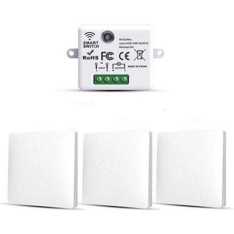 Set aus 3 RF433 Funkschaltern mit Sender und Empfänger, 10 A, 240 V-Chrom (1/4)