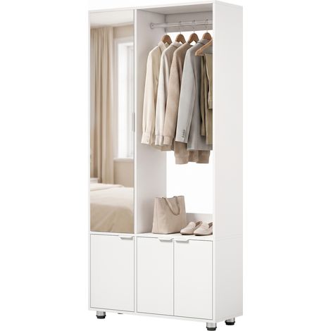 Armoire avec miroir, armoire moderne étroite avec tringle et compartiments de rangement, blanche (1/5)