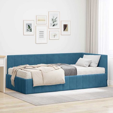 Eckbettgestell mit Matratze mit Kopfteil Blau 90 x 190 cm Samt vidaXL (1/5)