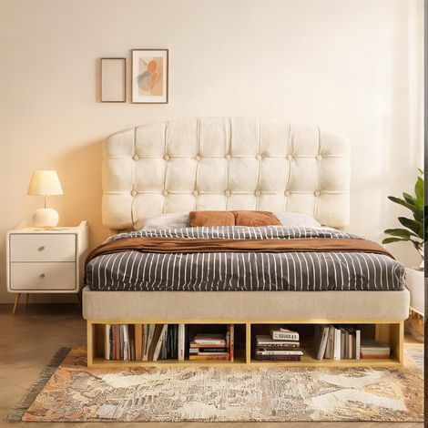 Cadre de lit beige en velours 197 x 151 x 120 cm (1/5)