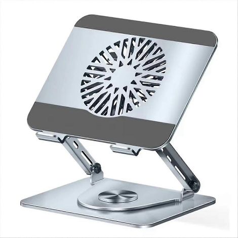Support pour ordinateur portable de bureau rotatif à 360° en métal avec ventilateur intégré, idéal pour les jeux vidéo. Support universel à double axe, argenté. (1/5)
