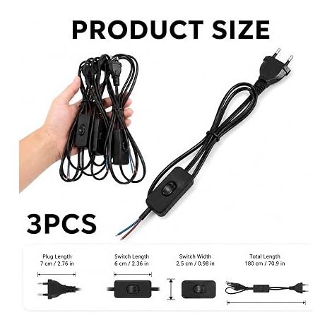 Power Cables with Switch, Cord with Switch Euro Plug Cord for Table Lamps Floor Lamps Fixtures PVC 1.8 m (1/4)