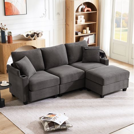 Divano angolare L 213,5x139x87 cm in tessuto grigio scuro con USB e vano, per appartamenti – MEUBLIV (1/5)