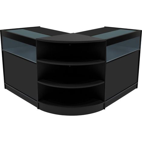 Set Mostradores Comerciales "THESEUS"  Negro  2x B900+1xLM60  MDF y vidrio templado  Estantes y puertas corredizas con cerradura  Fácil Montaje  Mostrador Recepción Expositor Comercial Mesa (1/5)