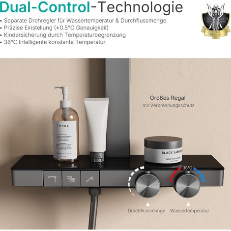EMKE Thermostat-Duschsäule Anthrazit 36cm Regendusche 4-Strahler Handbrause Durchflussregelung 40cm Ablage Anti-Verbrühung