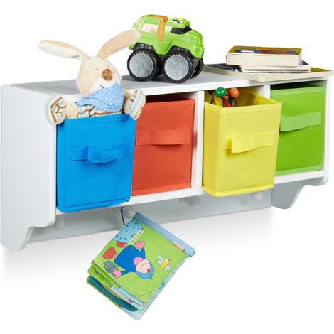 Relaxdays ALBUS Kids' Wall Storage Unit, Shelf with 4 Garment Hooks, Children's Wardrobe with 4 Colourful Folding Boxes, Size: ca 28 x 61 x 16 cm, White