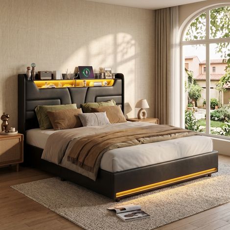 Lit 2 Personnes avec éclairage LED et USB, Lits Coffre avec Rangement et Tete Delit, Lits Rembourré pour Adulte et Adolescents, PU, Noir-140x200 cm (1/5)