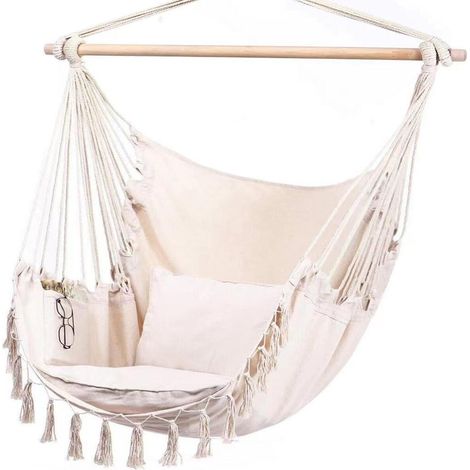 Chaise hamac balançoire de jardin extérieur avec 2 coussins, chaise bohème suspendue en toile, jusqu'à 300 lb. (1/5)