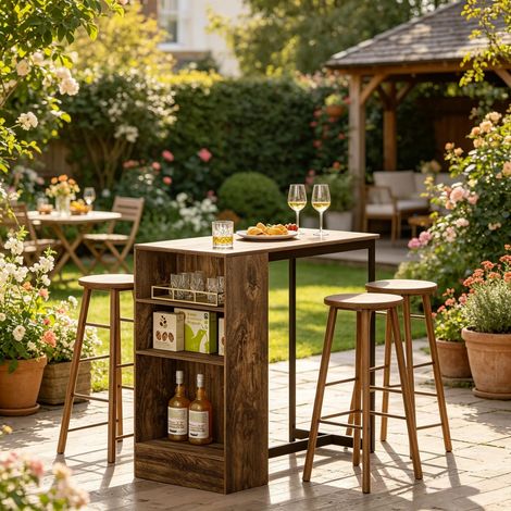 Table bar de cuisine fixe mange debout - 91x49x91 cm - Comptoir bistrot industriel avec porte-bouteilles - Marron rustique et noir (1/5)
