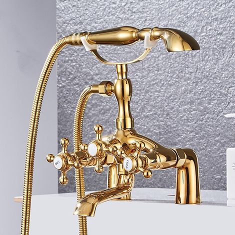 Grifo de bañera, doble palanca, 2 orificios con ducha, doble control, grifo de ducha y bañera con desviador, dorado (1/4)