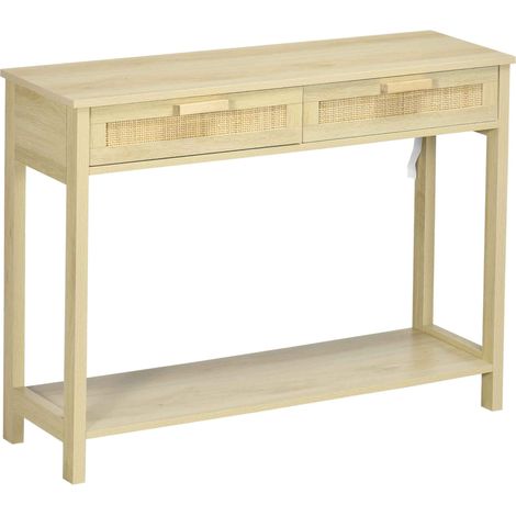 Console d'entrée rustique 2 tiroirs, plateau rotin étagère, 100x30x76 cm naturel, meuble couloir salon chambre