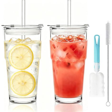 2er Set Glasbecher 600ml mit Deckel & Strohhalm, Kaffee to go Becher, Smoothie Becher, inkl. Reinigungsbürste