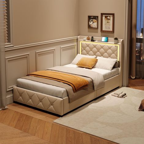 Letto singolo 90x200 cm con cassetti, LED RGB, testiera contenitore e porte USB/Type-C, in velluto, beige