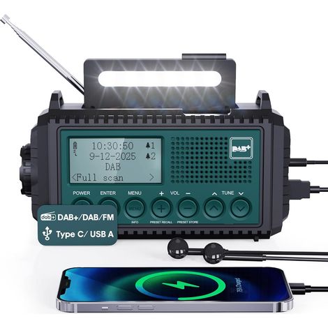 Radio à Manivelle Dab+/Dab/FM avec Batterie Rechargeable 5000mAh, Urgence avec Lampe de Poche, Camping Portable avec Fonction de Charge USB, Dynamo SOS Alarme, pour la Randonnée