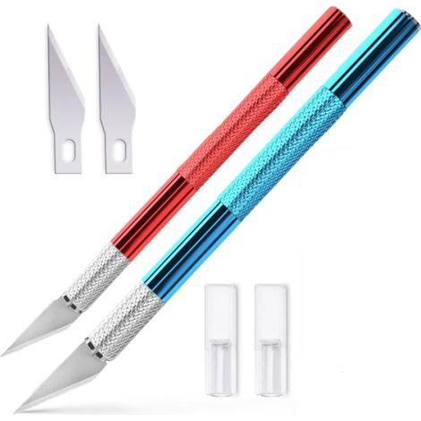 2 Pcs Scalpel en Rouge et Bleu cutter de précision/couteau modelisme pour couper du papier, des modèles, du film de fenêtre, du fondant, des tissus, etc.