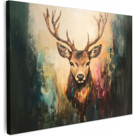 CUADRO EN LIENZO Ciervo - Pintado - Cornamenta - Marrón Lienzo Modernos 80x60 cm