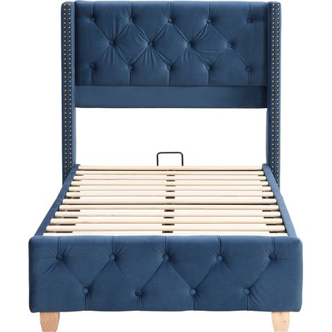 Letto imbottito 90x200 cm in velluto blu con rete a doghe e testiera (1/5)