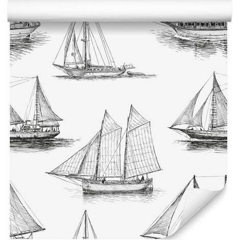 Papel pintado de veleros en blanco y negro para salón y dormitorio, 50x1000 cm. (1/5)