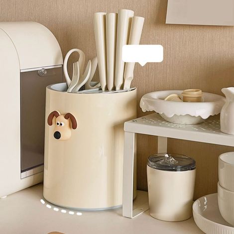 Multifunktionaler Essstäbchenhalter, Aufbewahrungsröhre, Essstäbchenhalter aus Kunststoff, drehbarer Messerständer, Gabeln, Essstäbchen, Löffel, Schere, cremefarben-gelb (1/5)