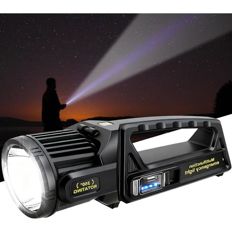 Faro LED ricaricabile, 450.000 lumen, con testa girevole a 350°, 9 modalità, super luminoso, impermeabile IPX7, torcia solare per emergenze (1/4)