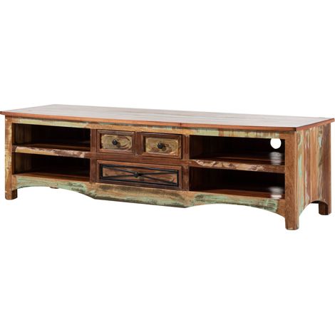 Massivmoebel24 – Meuble TV en bois de récupération laqué multicolore 180x50 – Style ethnique-chic – Pièce unique pour intérieur chaleureux