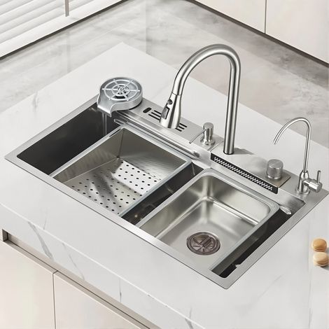 Évier simple grand format en acier inoxydable 304, style cascade, 75x45 cm, avec robinet d'eau chaude et froide amovible, pour cuisine (1/5)