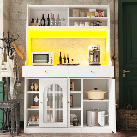 Buffet, armoire haute, vitrine, buffet avec étagères réglables, meuble de salle à manger avec 2 tiroirs, bahut avec éclairage LED, couleurs de lumière variables, blanc (1/5)