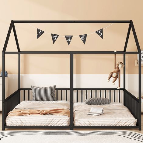 Litera infantil 90x200 cm negra de metal con barandillas, escalera y diseño de casita (1/5)