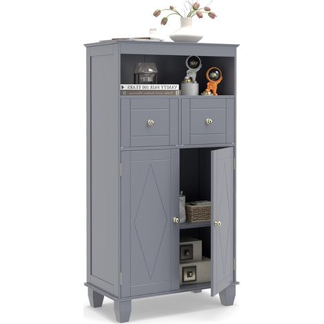 COSTWAY Mobile per Bagno, Armadietto Moderno Salvaspazio con Ante, Ripiani, Cassetti e Piedi in Legno di Pino Massiccio, Mobiletto per Soggiorno, Corridoio e Ingresso, 56 x 30 x 108 cm (Grigio) (1/4)