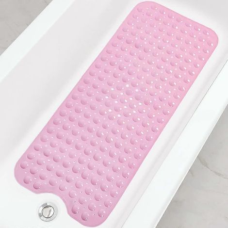 Tapis de bain et de douche extra long et antidérapant (99 x 41 cm), lavable en machine, avec ventouses et trous d'évacuation, rose. (1/5)